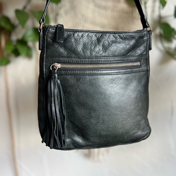 Margot Genuine Leather Black Crossbody Bag Tassel Zip Pebbled Medium - Picture 2 of 11